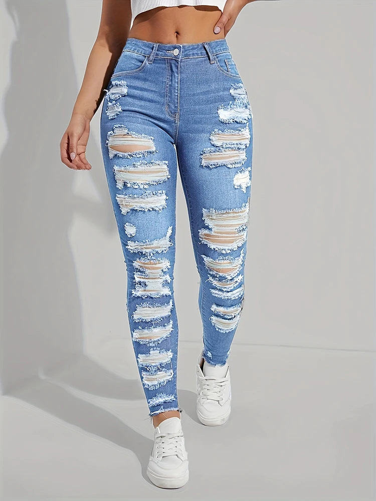 Hole Hollow Out Jeans Female High Waist Spliced Raw Hem Solid Skinny Denim Trousers Female Clothing Spring