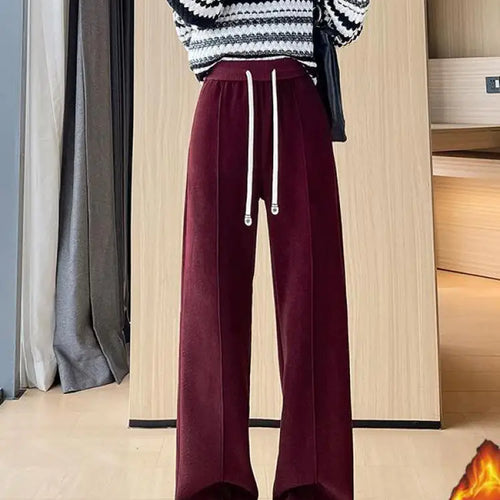 Load image into Gallery viewer, Women Black Blue Velvet High Waist Office Ladies Pant Korean Fashion Red Drawstring Wide Leg Trousers Casual Thick New 2024 Chic
