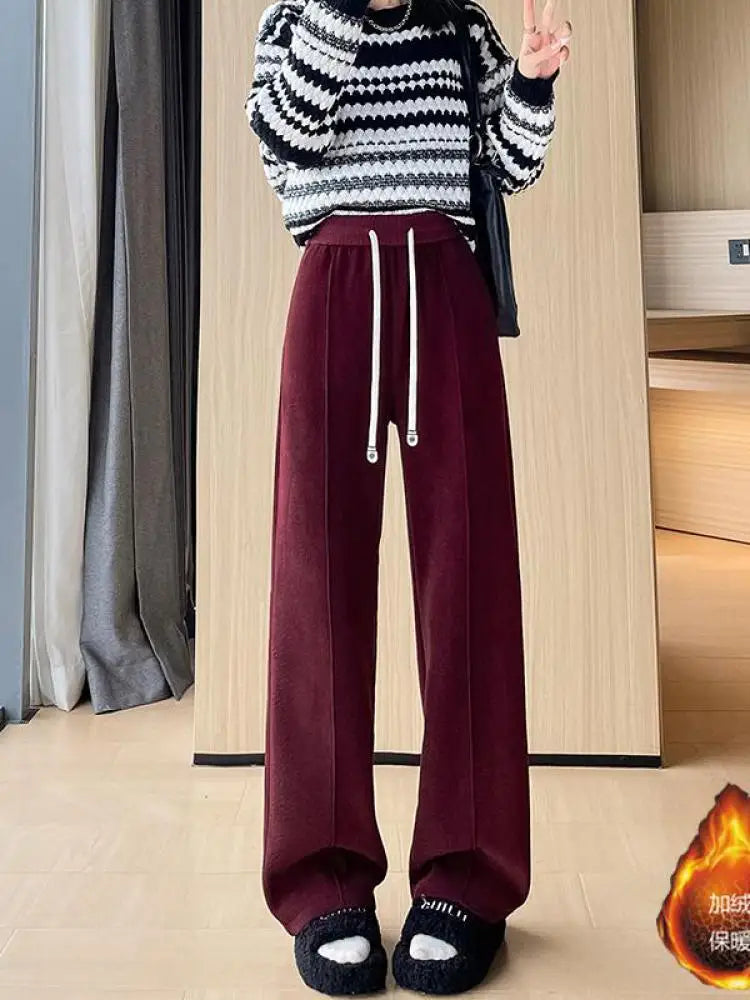 Women Black Blue Velvet High Waist Office Ladies Pant Korean Fashion Red Drawstring Wide Leg Trousers Casual Thick New 2024 Chic