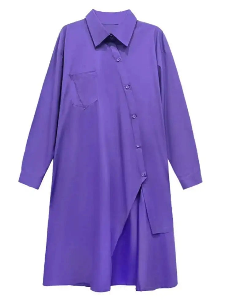 Women Purple Irregular Button Slit Big Size Shirt Dress New Lapel Long Sleeve Fashion Tide Spring Autumn 2025 1DH4827