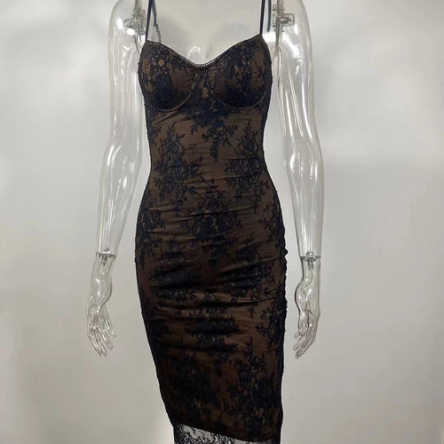 Load image into Gallery viewer, Lace Print Spaghetti Strap Sexy Midi Dress For Women Black Sleeveless Backless Bodycon Club Party Printed Long Dress
