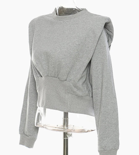 Loose Fit Gray Pleated Shaped Sweatshirt New Round Neck Long Sleeve Women Big Size Fashion Tide Spring Autumn 2025 1DF5202