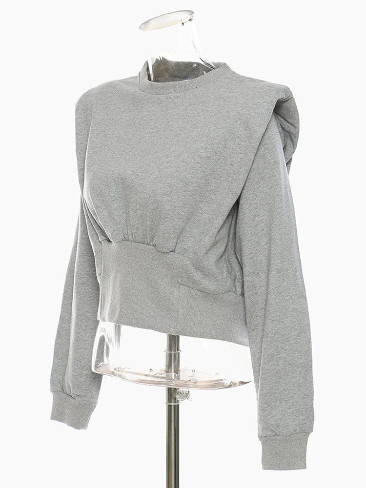 Loose Fit Gray Pleated Shaped Sweatshirt New Round Neck Long Sleeve Women Big Size Fashion Tide Spring Autumn 2025 1DF5202
