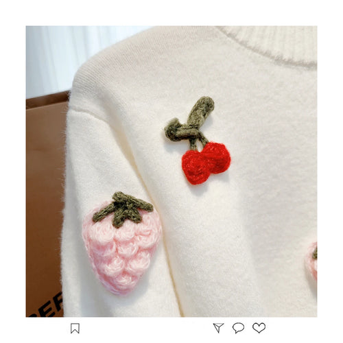 Load image into Gallery viewer, French Vintage Women Sweet Strawberry Embroidered Elegant Long Sleeve Knit Sweater 2024 New Autumn Winter Round Neck Tops Trendy
