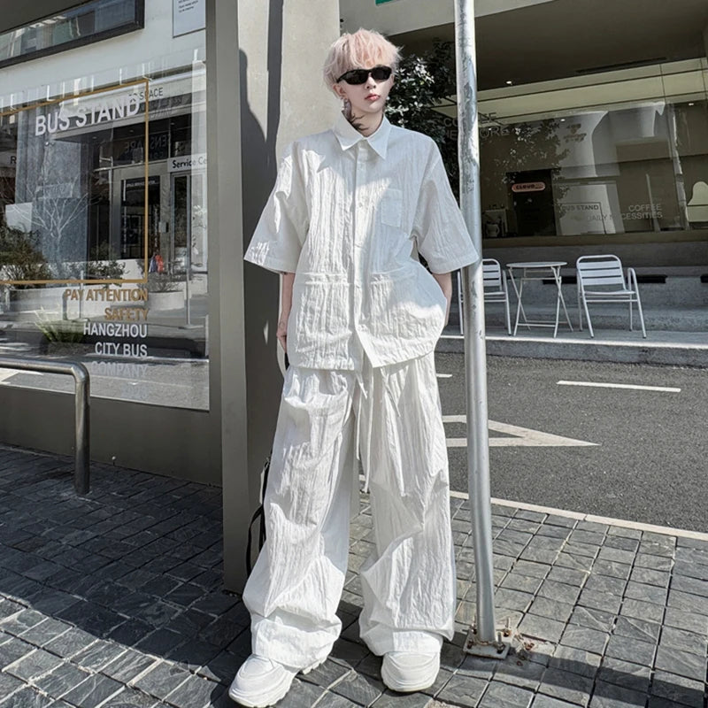 Men's Set New Summer Solid Color Wrinkled Short Sleeve Single Breasted Shirt Male Casual Elastic Waist Pants 9W1491