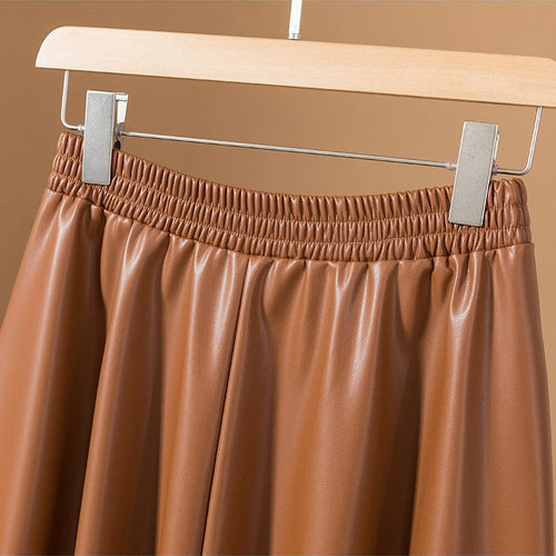 Load image into Gallery viewer, Women Brown Faux Leather Long Skirt 2023 Autumn Winter Black Vintage A Line Elastic High Waist Pu Skirts Female Oversized French
