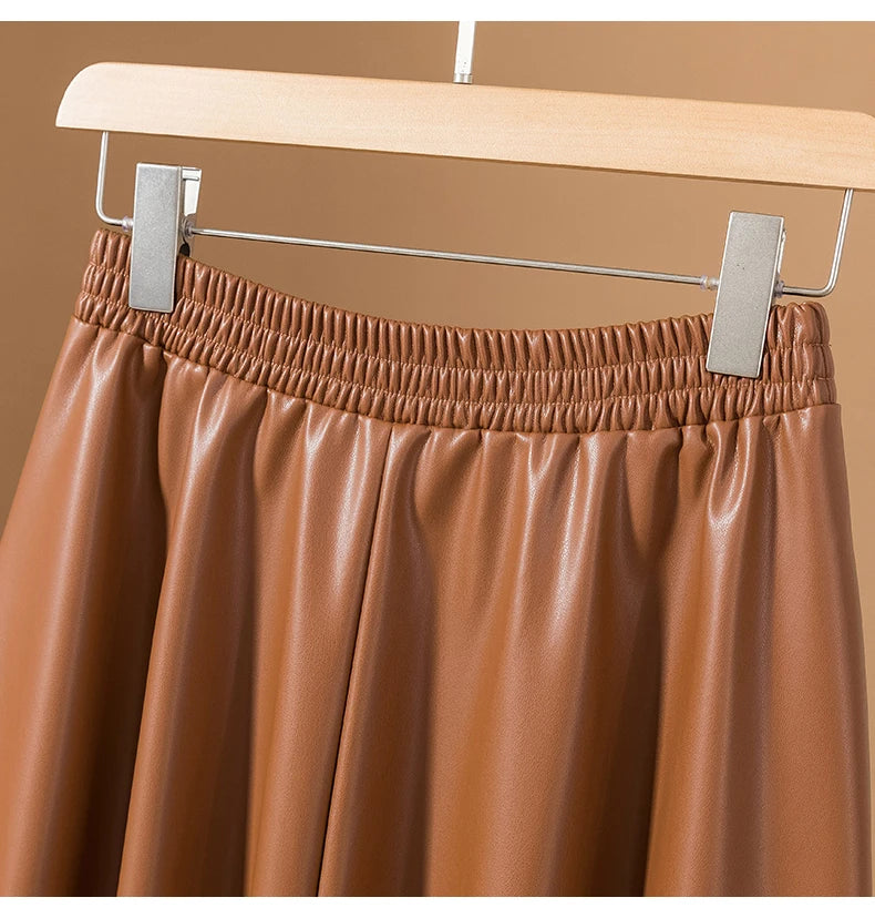 Women Brown Faux Leather Long Skirt 2023 Autumn Winter Black Vintage A Line Elastic High Waist Pu Skirts Female Oversized French