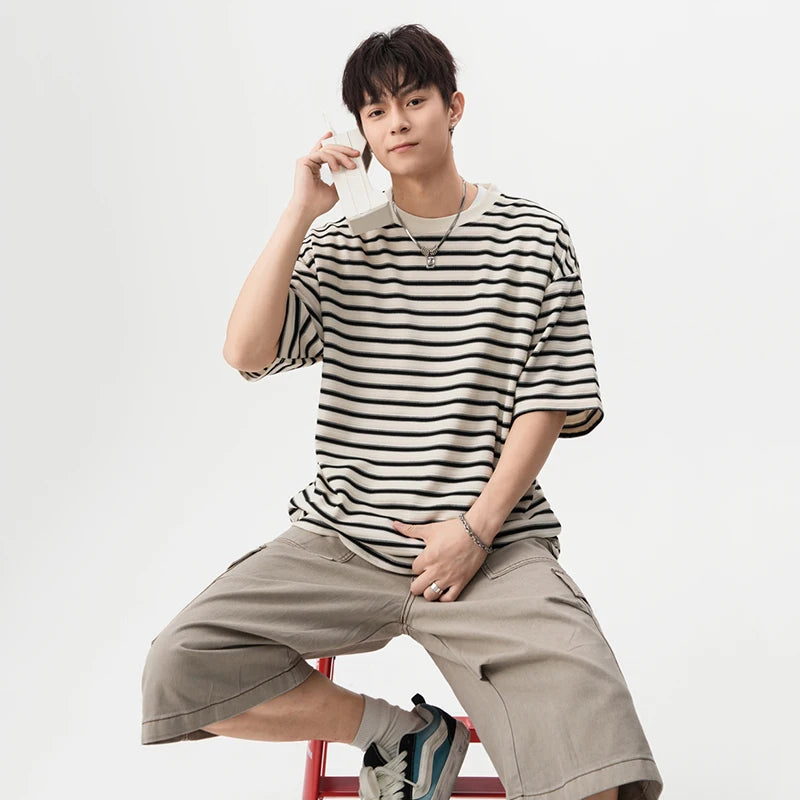 Men's T-shirts New Summer Fashion Striped Design Round Neck Short Sleeve Trendy Clothing Male Causal Pullover Tees 9W1666