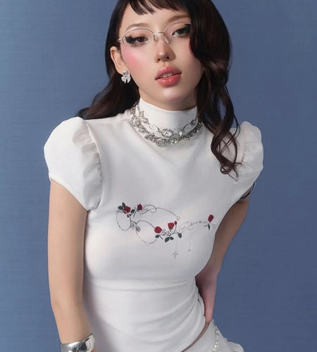 Streetwear Summer Half High Collar Women's Tops Vintage Flower Printing Harajuku T-shirts Y2k Aesthetic Puff Sleeve Grunge Tees