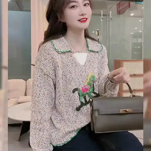 Load image into Gallery viewer, Women&#39;s lapel Wool Knitwear Women Winter 2023 Thick Needle Embroidered Sweater Long Sleeve Pullover Top C-234

