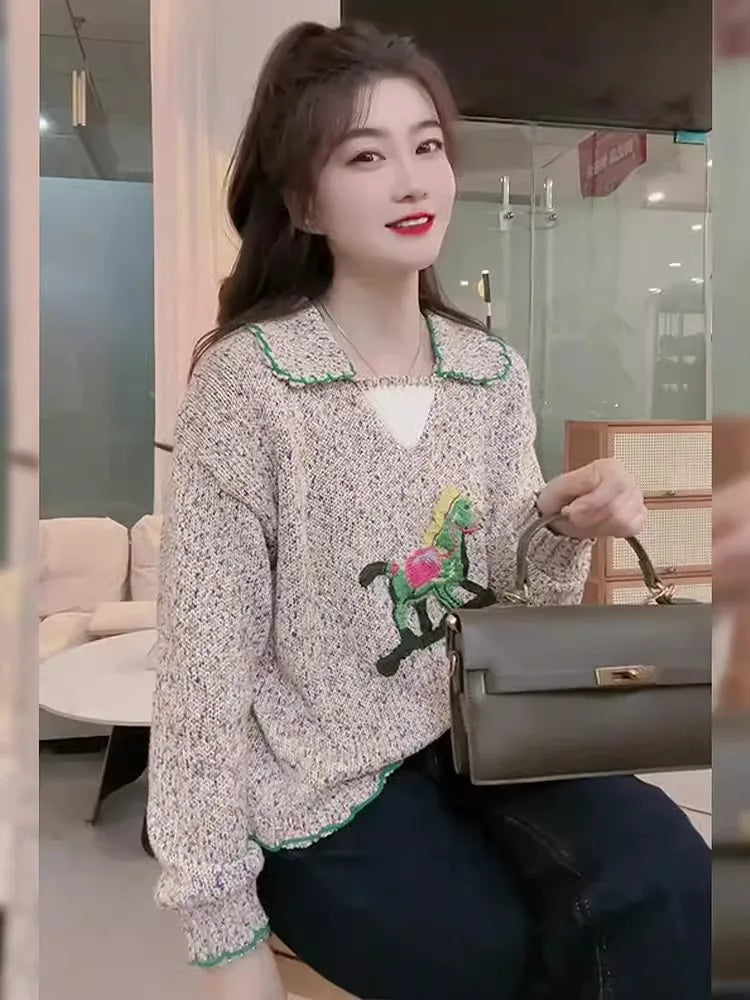 Women's lapel Wool Knitwear Women Winter 2023 Thick Needle Embroidered Sweater Long Sleeve Pullover Top C-234