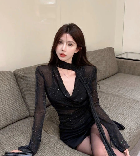 See Through Fashion V Neck Long Sleeve Tees Y2k Aesthetic Elegant Chic Women T-shirts Korean Slim Streetwear All Match Tshirts