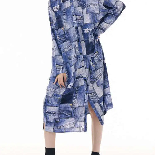 Load image into Gallery viewer, Women Blue Printed Big Size Midi Shirt Dress New Lapel Long Sleeve Loose Fit Fashion Tide Spring Autumn 2025 1DH0515
