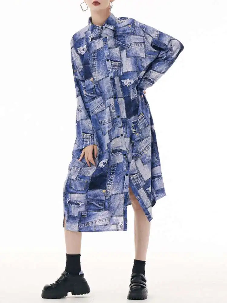 Women Blue Printed Big Size Midi Shirt Dress New Lapel Long Sleeve Loose Fit Fashion Tide Spring Autumn 2025 1DH0515