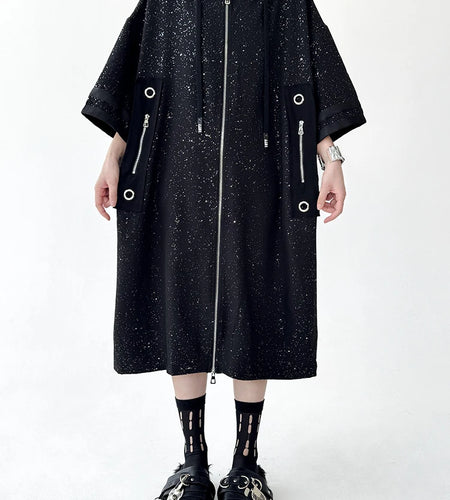 Women Black Shining Big Size Long Trench New Hooded Long Sleeve Windbreaker Fashion Tide Spring Autumn 2025 1DJ0796