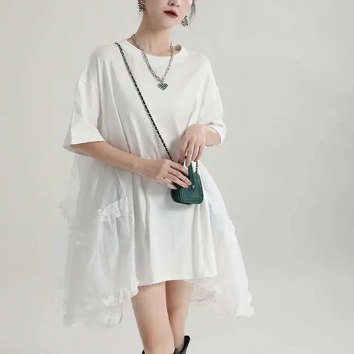 Load image into Gallery viewer, Women Black Ruffles Irregular Big Size Mini Dress New Round Neck Short Sleeve Fashion Tide Spring Summer 2025 1DH9574
