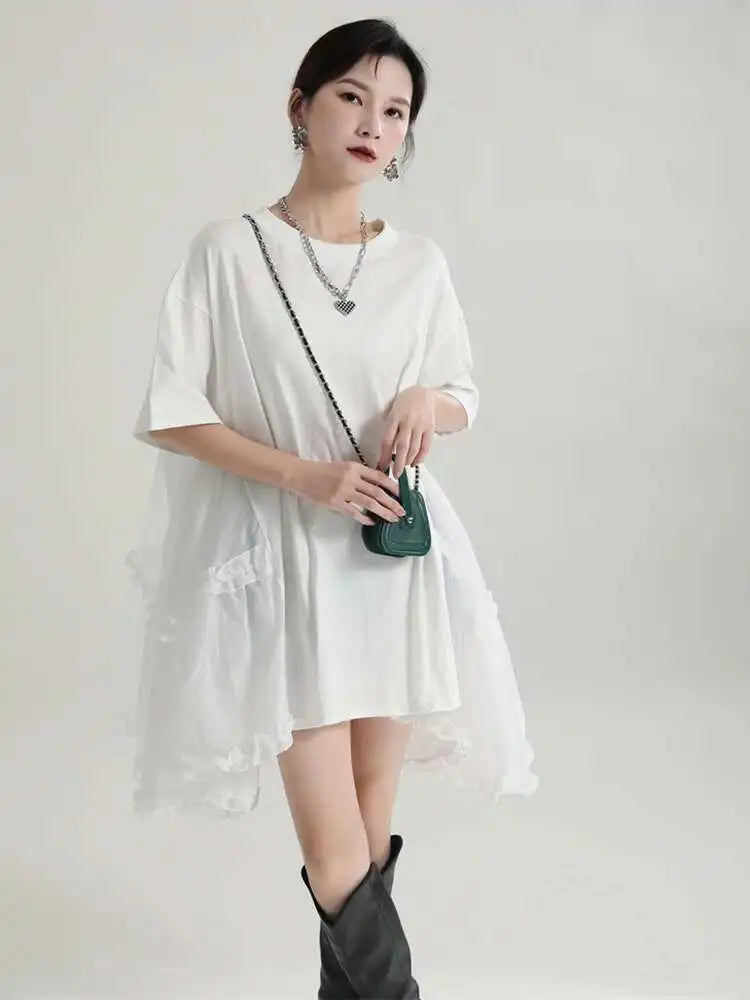 Women Black Ruffles Irregular Big Size Mini Dress New Round Neck Short Sleeve Fashion Tide Spring Summer 2025 1DH9574