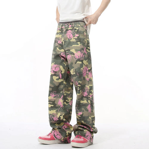 Load image into Gallery viewer, Niche Men&#39;s Denim Pants Rose Printing Camouflage Contrast Color Loose Trousers Straight Wide Leg Casual Male Jeans 9C8898
