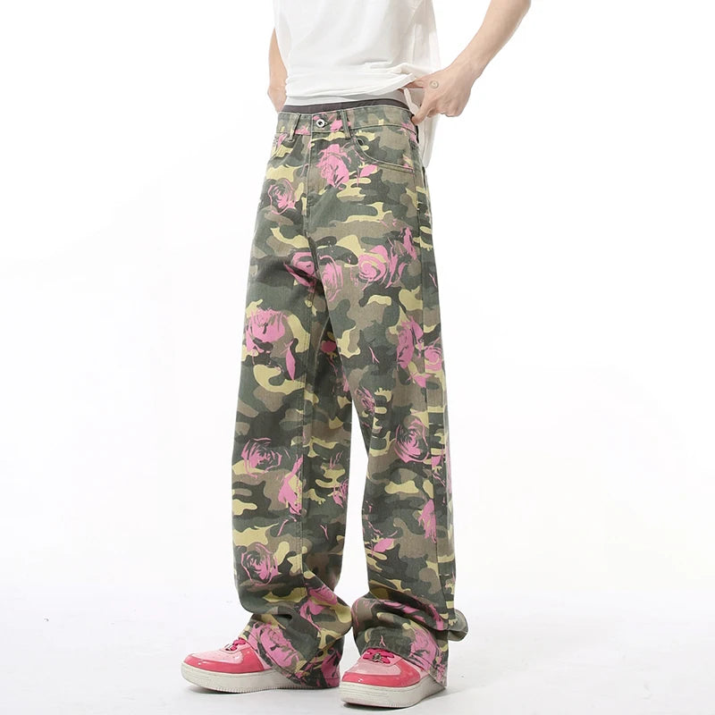 Niche Men's Denim Pants Rose Printing Camouflage Contrast Color Loose Trousers Straight Wide Leg Casual Male Jeans 9C8898