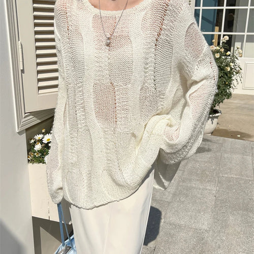 Load image into Gallery viewer, Beige Thin Big Size Hollow Out Sweater Round Neck Long Sleeve Women Pullovers New Fashion Tide Spring Autumn 2025 1DH9646
