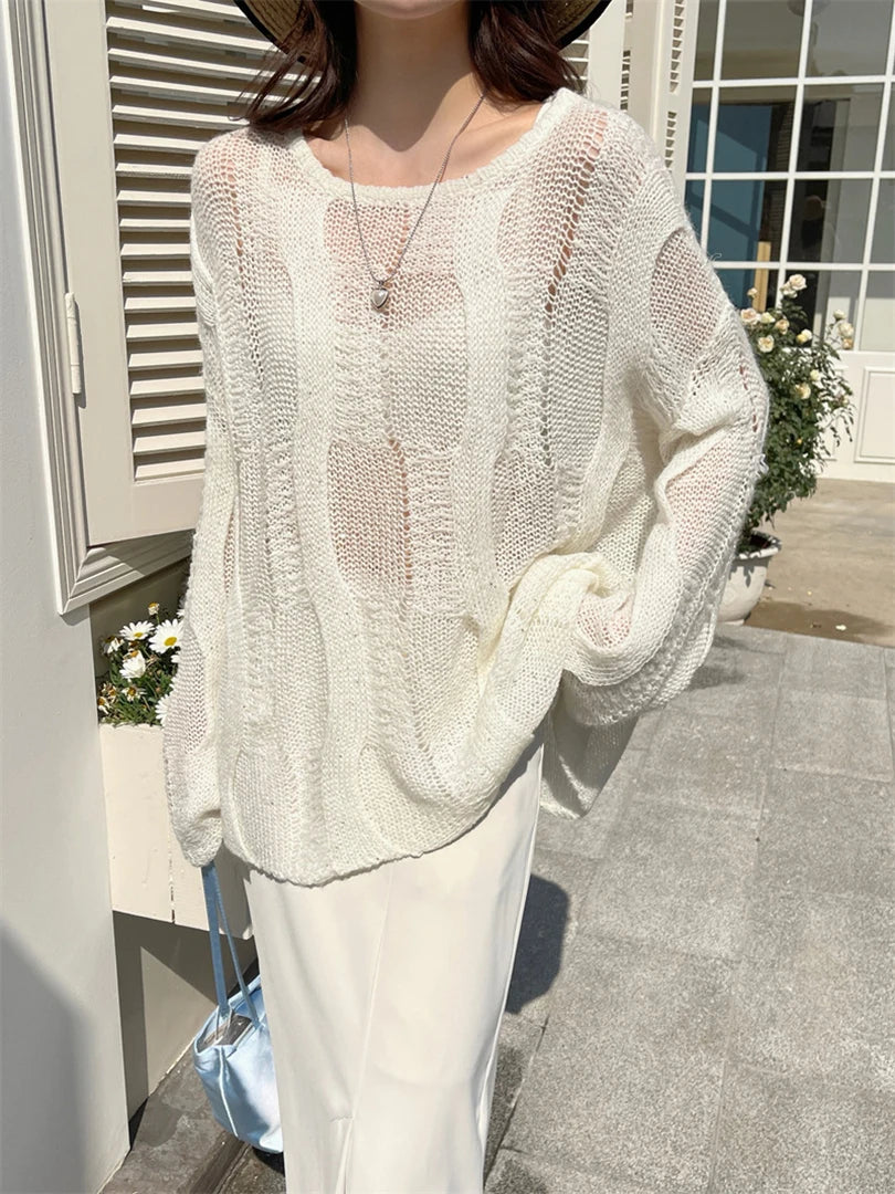 Beige Thin Big Size Hollow Out Sweater Round Neck Long Sleeve Women Pullovers New Fashion Tide Spring Autumn 2025 1DH9646