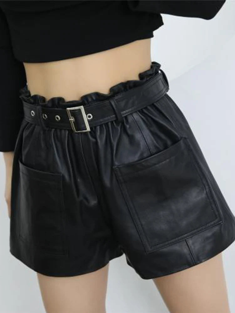 PU Leather Shorts For Women High Waist Patchwork Belt Temperament Short Pants Female Autumn Fashion Clothing