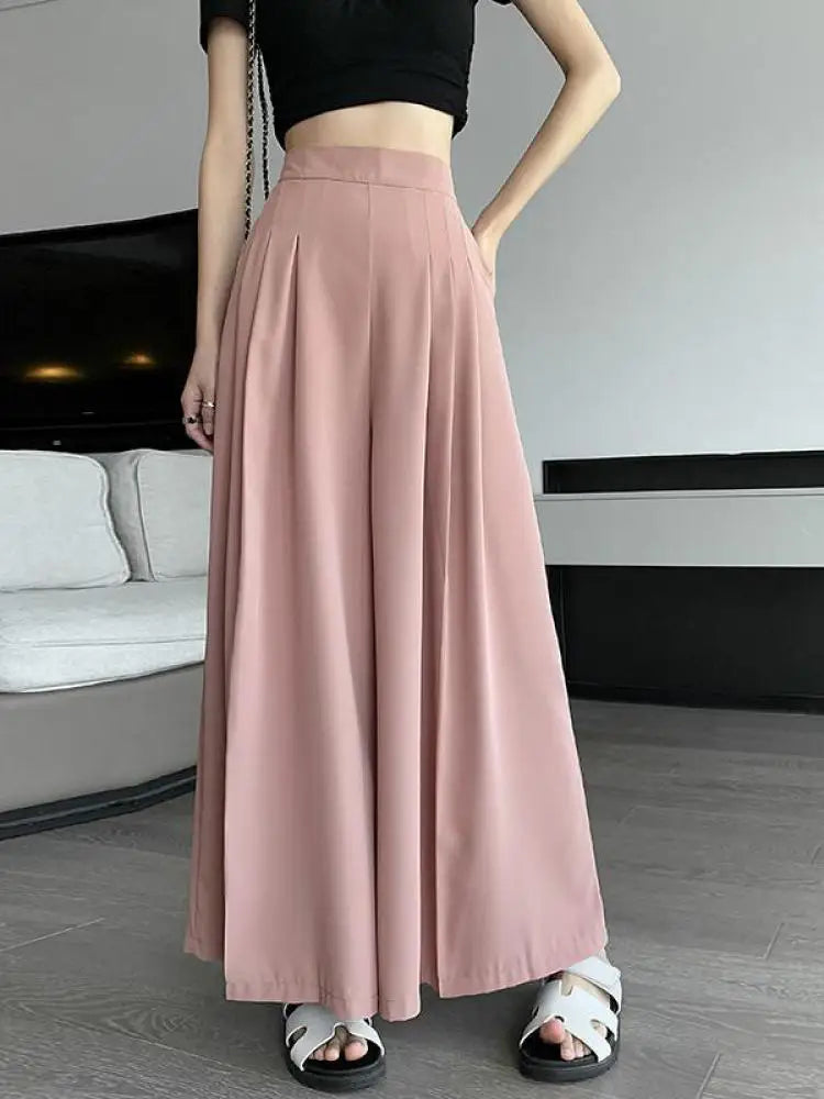 Spring Summer New Korean Women Pink Black Holiday Pleated Trousers Brown High Waist Wide Leg Long Pant Casual Streetwear 