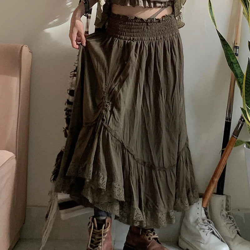 Grunge Fairycore y2k Vacation Lace Patchwork Long Skirt Female Vintage Drawstring Loose Stitched