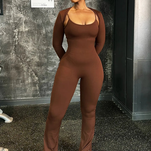 Load image into Gallery viewer, Fall Women 2 Piece Sets Solid Long Sleeve Sexy Crop Shawl Slips Wide Leg Jumpsuit Fashion Outfit Streetwear Vacation

