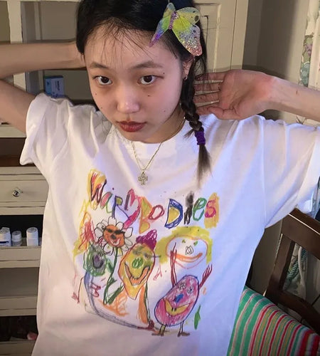 Fairy Grunge Short Sleeve T-shirts Cartoon Graffiti Print Tee Shirts Graphic Korean Fashion Tops Summer Streetwear Y2k