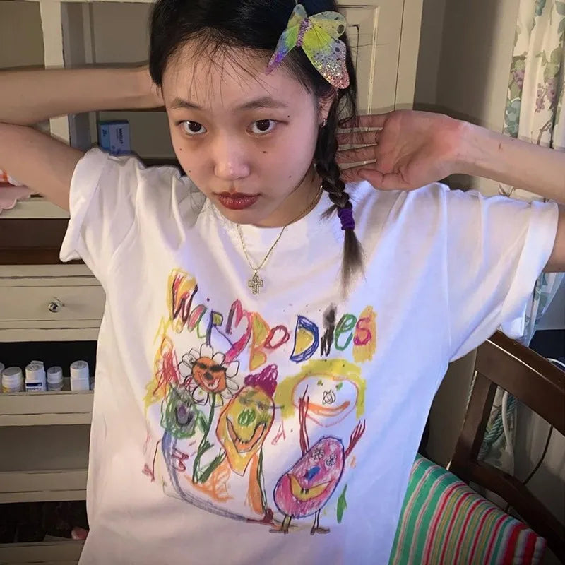 Fairy Grunge Short Sleeve T-shirts Cartoon Graffiti Print Tee Shirts Graphic Korean Fashion Tops Summer Streetwear Y2k