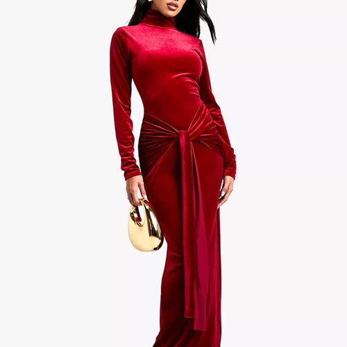 Load image into Gallery viewer, Velvet Long Sleeve Sexy Maxi Dress For Women Autumn Winter New Turtleneck Draped Ruched Bodycon Sexy Long Dress
