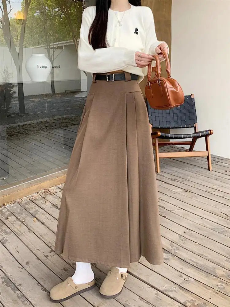 French Vintage Women Black Grey Elegant A-line Long Skirt 2024 New Autumn Winter Brown Versatile Pleated Skirt Streetwear simple