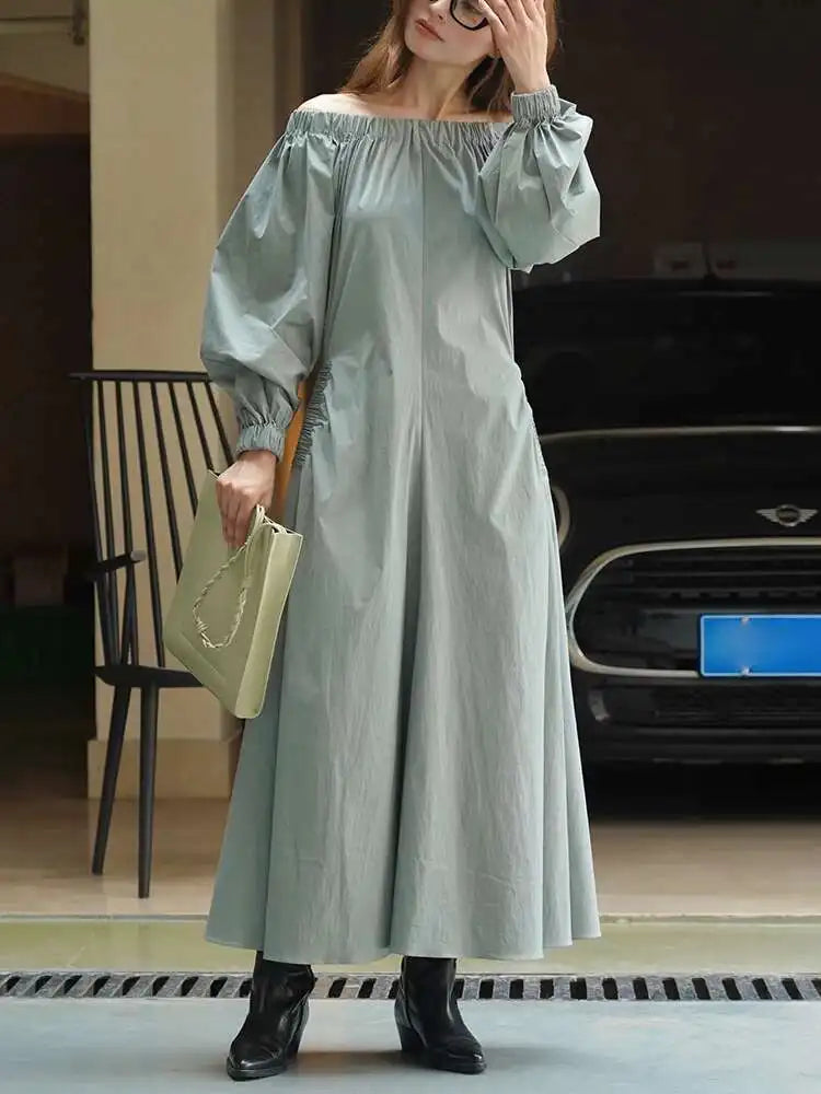 Women Black Brief Long Elegant Dress New Slash Neck Long Puff Sleeve Loose Fit Fashion Tide Spring Autumn 2025 1DF9947