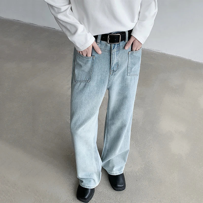 Worn-out Micro Flared Jeans Streetwear Male Loose Straight Denim Pants Wide Leg Simple Korean Casual Bottoms 9C7132