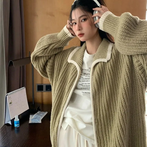Load image into Gallery viewer, 2025 Preppy Contrast Color Cardigans Women Fashion Y2k Aesthetic Loose Knitted Sweaters New Harajuku Casual Single Brested Coat
