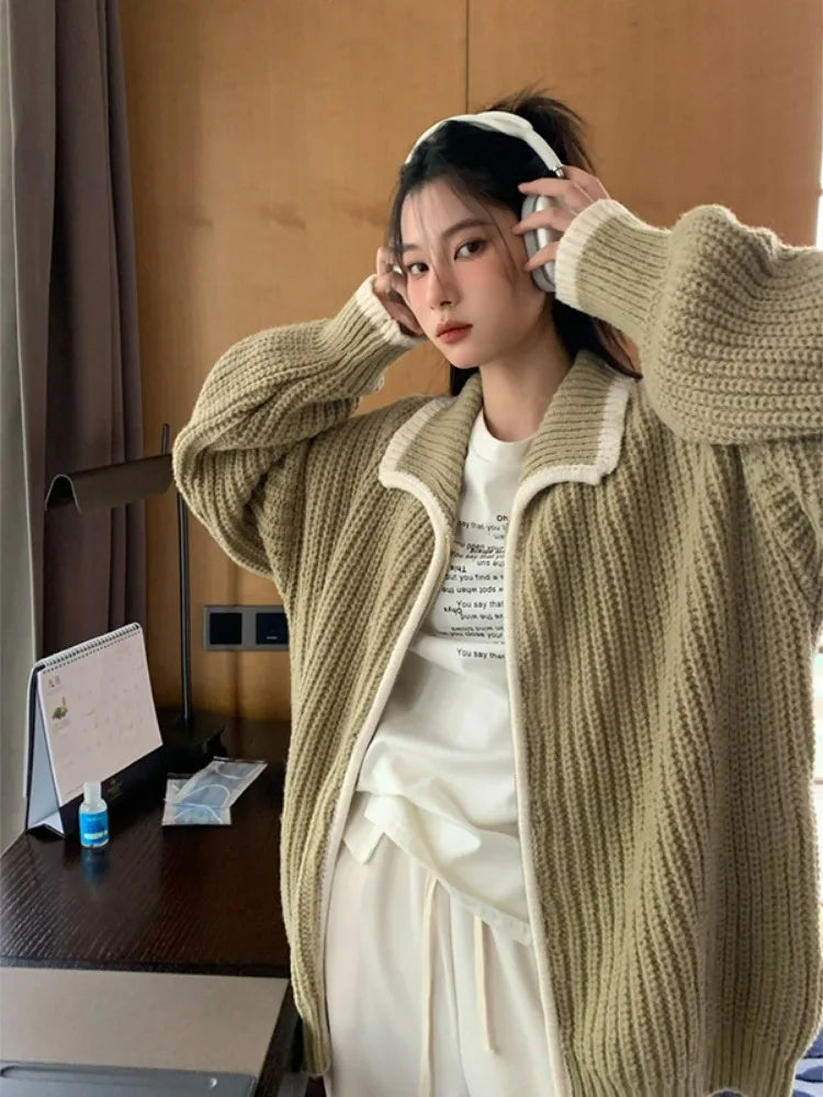 2025 Preppy Contrast Color Cardigans Women Fashion Y2k Aesthetic Loose Knitted Sweaters New Harajuku Casual Single Brested Coat