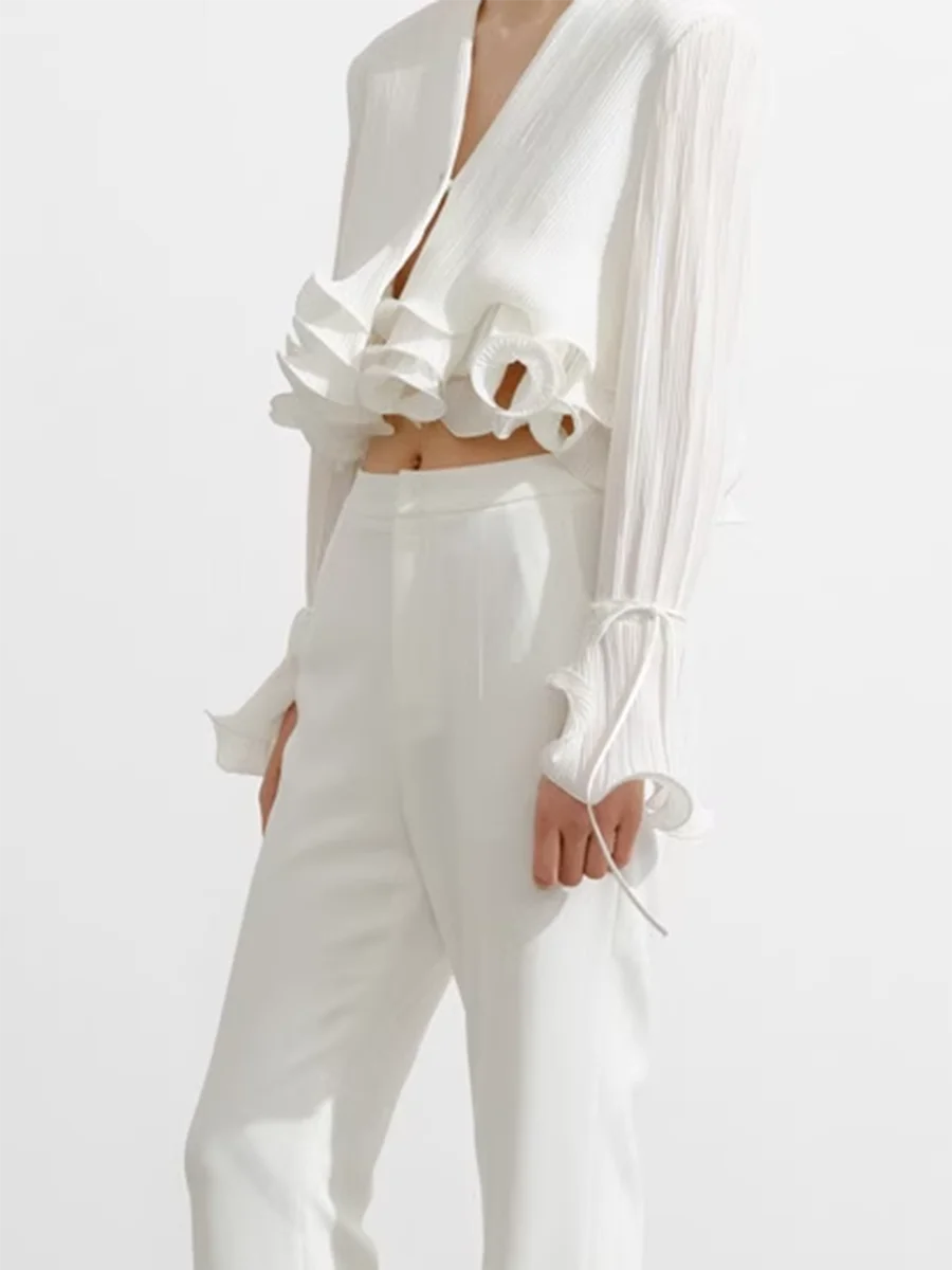 Solid Spliced Ruffles Slimming Blouses For Women V Neck Long Sleeve Temperament Shirts Female Fashion Style Clothes