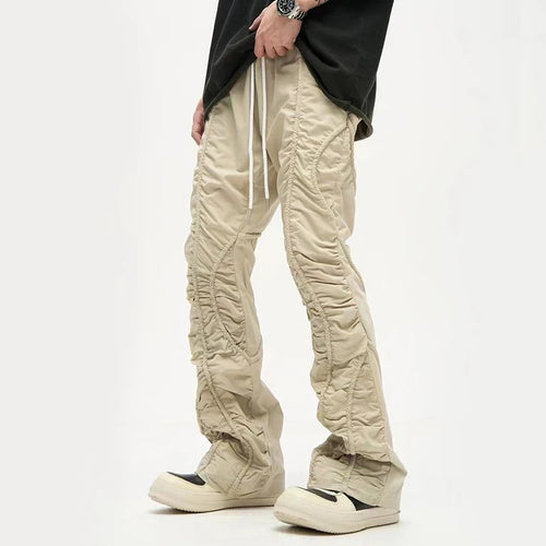 Load image into Gallery viewer, American Style Pleated Men&#39;s Pants Casual Drawstring Design Solid Color Straight Loose Wide Leg Male Trousers Niche 9C8825
