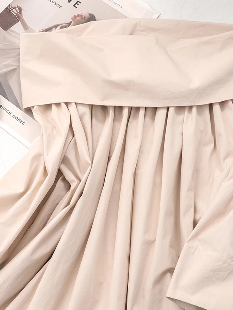 Solid Minimalist Blouses For Women Slash Neck Long Sleeve Patchwork Folds Off Shoulder Shirt Female Fashion Clothes
