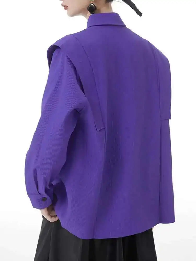 Women Purple Corduroy Shaped Big Size Elegant Blouse New Lapel Long Sleeve Shirt Fashion Tide Spring Autumn 2025 1DH4096