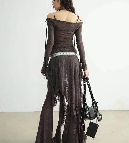 Gray Lace T-shirt Wide Leg Pants Two Piece Suit New Slash Neck Long Sleeve Women Fashion Tide Spring Autumn 2025 1DH8267