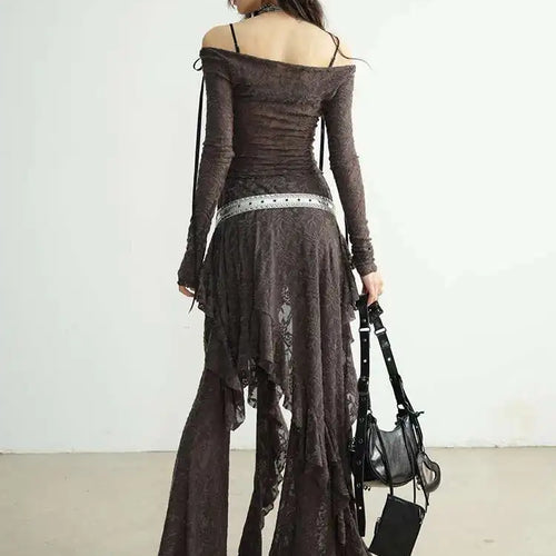Load image into Gallery viewer, Gray Lace T-shirt Wide Leg Pants Two Piece Suit New Slash Neck Long Sleeve Women Fashion Tide Spring Autumn 2025 1DH8267
