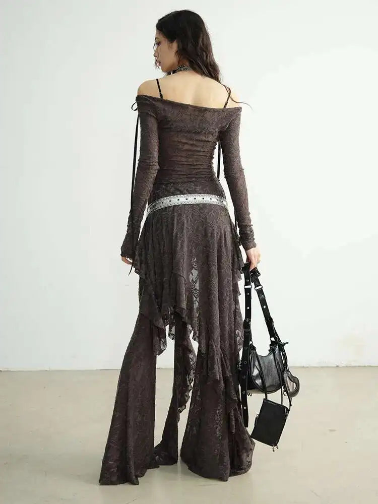 Gray Lace T-shirt Wide Leg Pants Two Piece Suit New Slash Neck Long Sleeve Women Fashion Tide Spring Autumn 2025 1DH8267