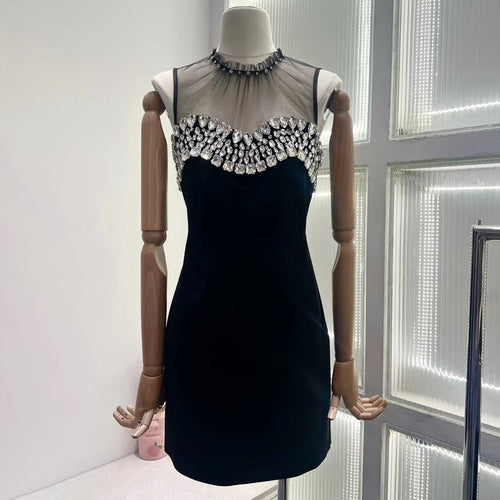 Load image into Gallery viewer, Hit Color Patchwork Mesh Dresses For Women Round Neck Sleeveless High Waist Spliced Diamonds Sexy Dress Female
