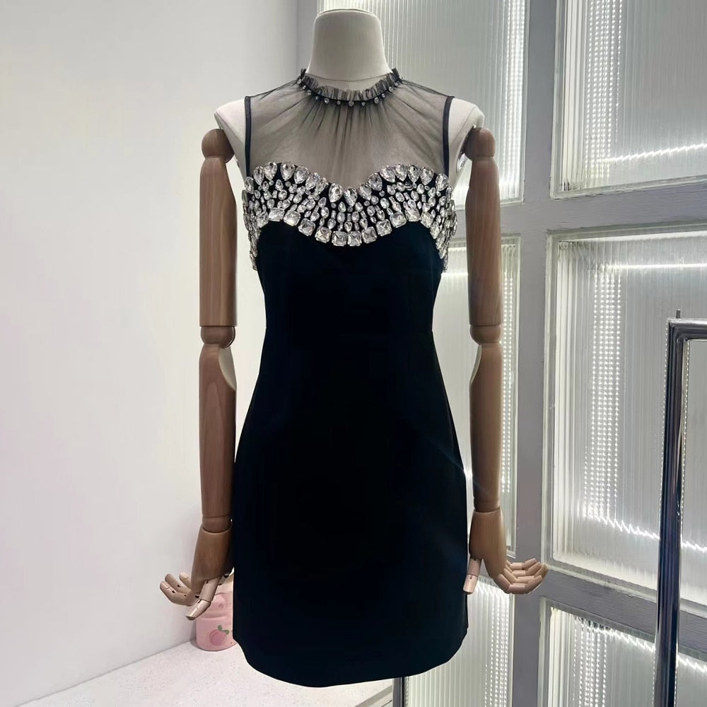 Hit Color Patchwork Mesh Dresses For Women Round Neck Sleeveless High Waist Spliced Diamonds Sexy Dress Female