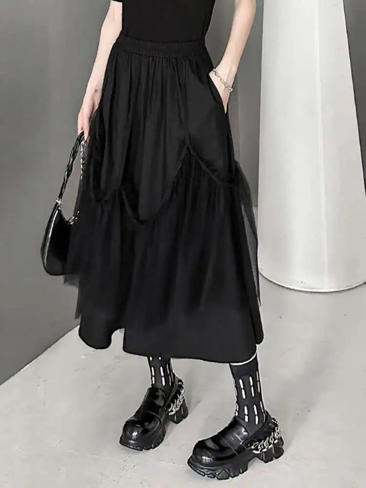 High Elastic Waist Black Mesh String Irregular A-line Half-body Skirt Women Fashion Tide New Spring Autumn 2025 1DH9575