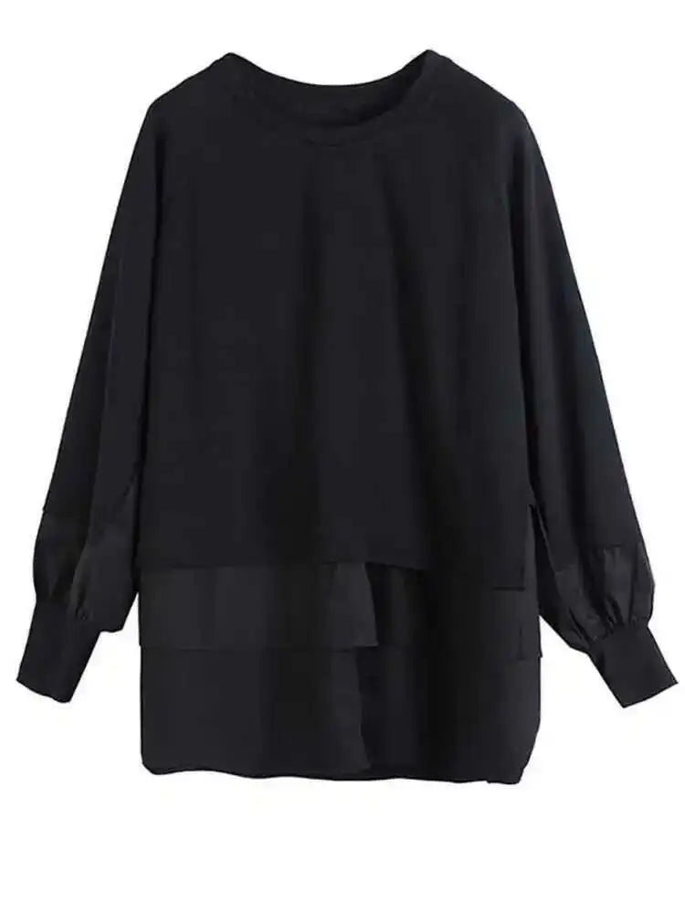 Women Contrast Color Split Joint Big Size T-shirt New Round Neck Long Sleeve  Fashion Tide  Spring Autumn 2025 1DC538