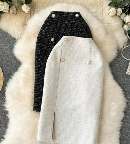 Autumn Winter Black Pearl Woolen Pencil Skirts Women White Office Elegant Midi Thick Warm Skirt New Wrap Hip Split Skirt Ladies