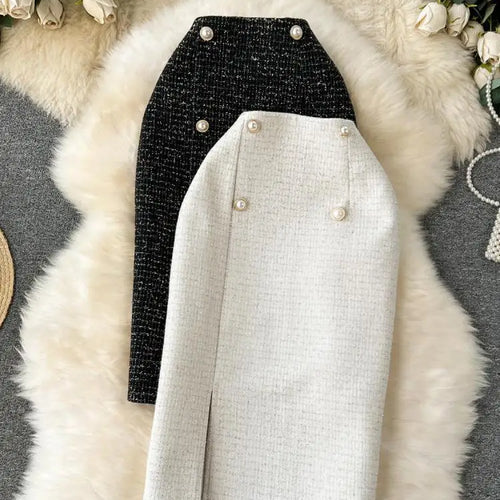 Load image into Gallery viewer, Autumn Winter Black Pearl Woolen Pencil Skirts Women White Office Elegant Midi Thick Warm Skirt New Wrap Hip Split Skirt Ladies
